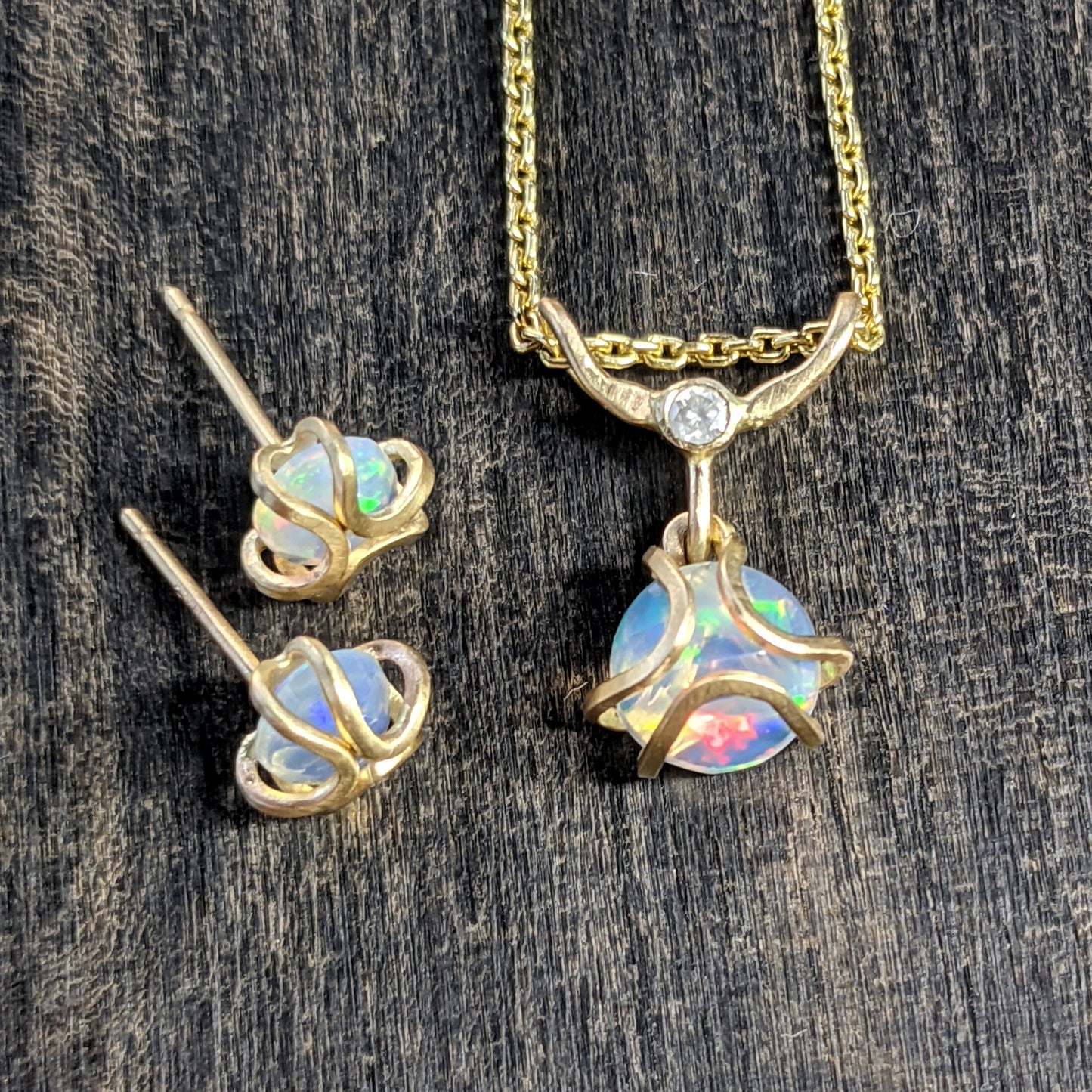 Opal and Diamond Iris Pendant Necklace 14k