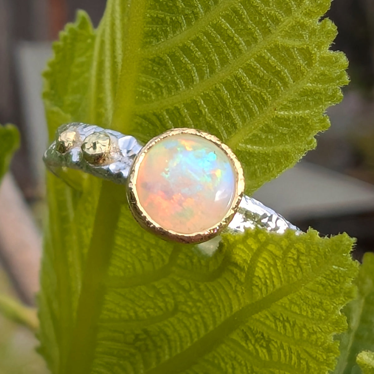 Australian Opal, 18k gold and argentium silver with a micro hammer textured double band