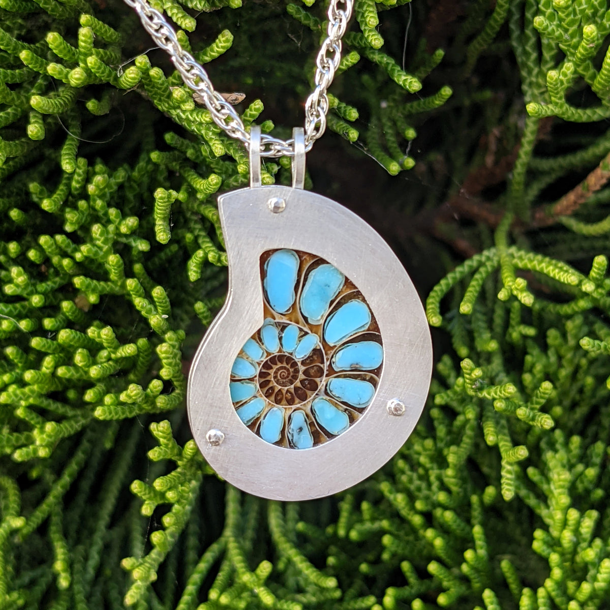 Custom Riveted Inlayed Ammonite Pendant on a Rope Chain - Argentium Silver