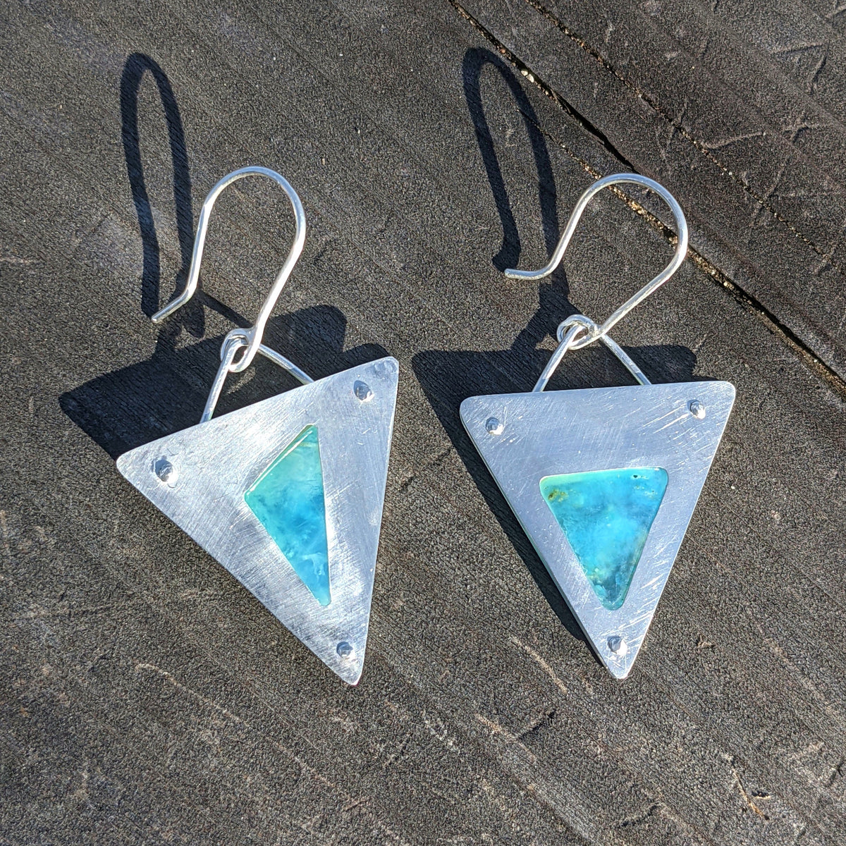 Custom Peruvian Blue Opal Riveted Drop Earrings in Argentium Silver