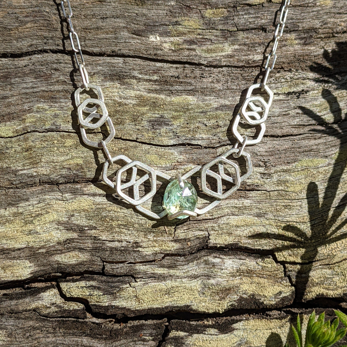 Rosecut Emerald in a custom stacked hexagon festoon necklace - argentium silver