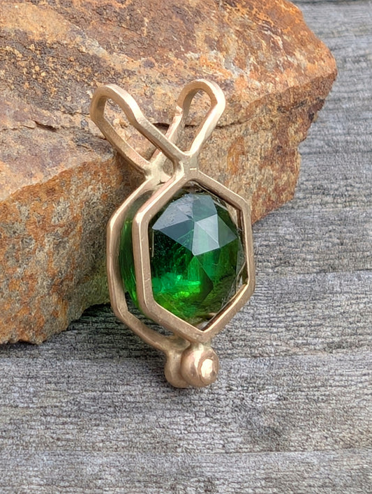 14K Hex Rivet Pendant with Green Tourmaline