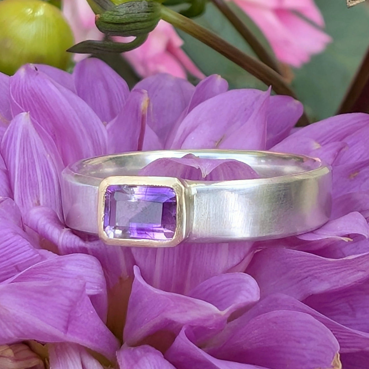 18K Octagonal Bezel with a Step Cut Amethyst and Argentium Silver Band