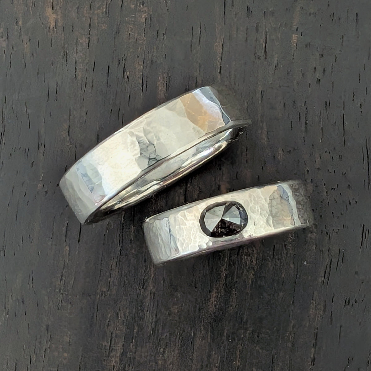 Chunky bands with salt and pepper rosecut diamond