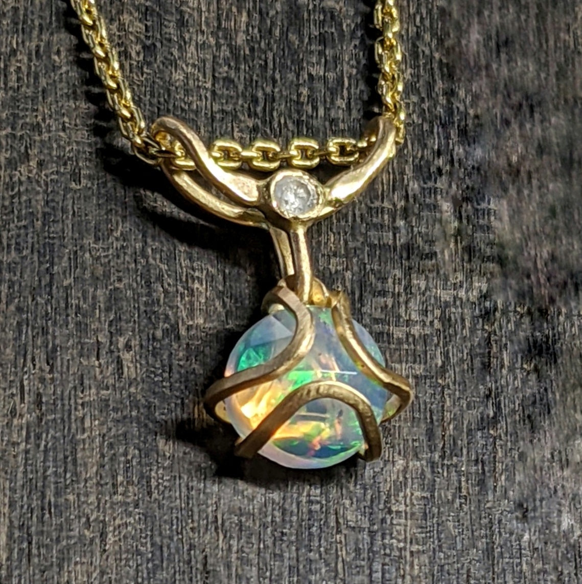 Opal and Diamond Iris Pendant Necklace 14k