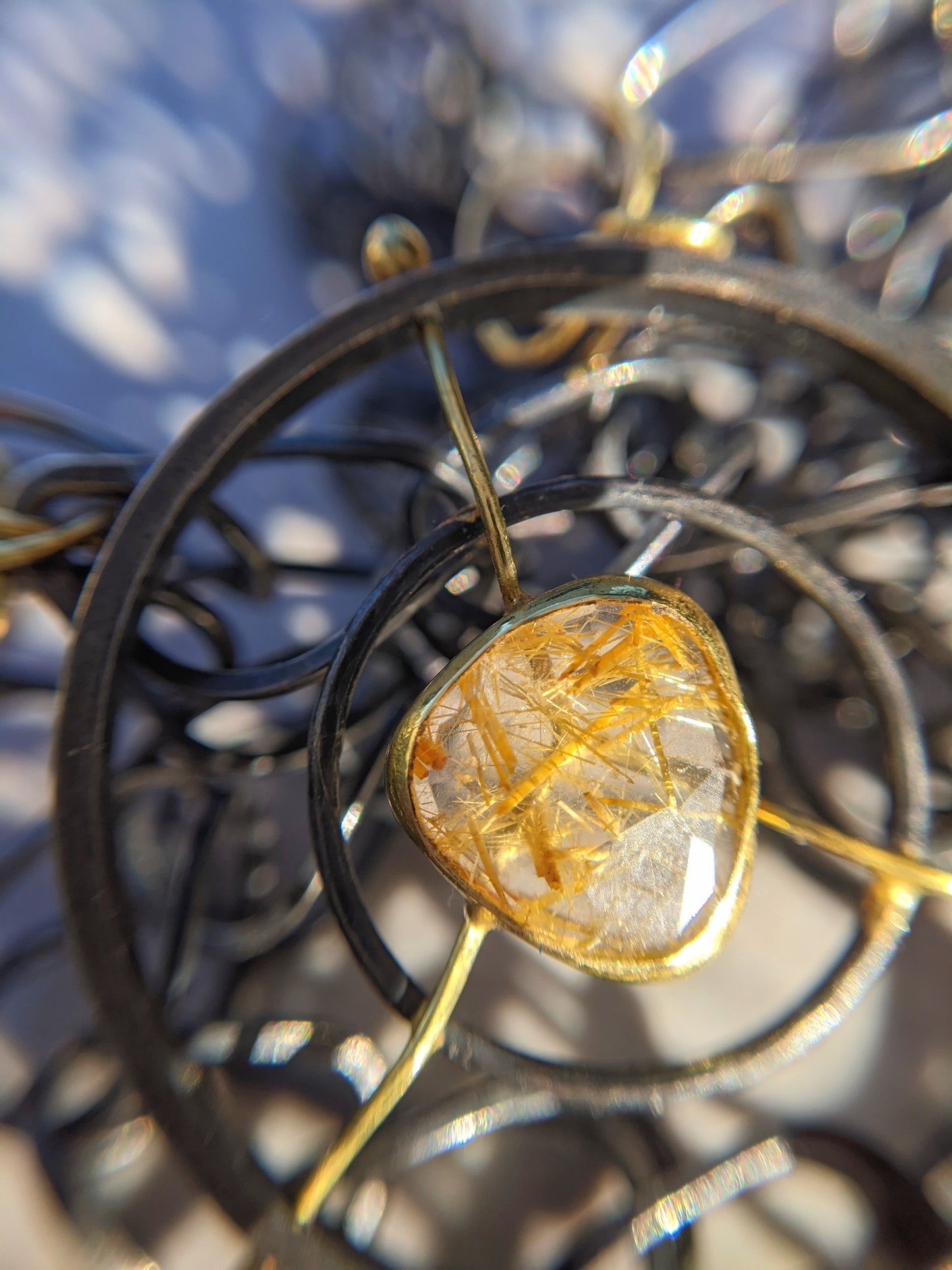 Gold Rutilated Quartz Celestial Halo on Handmade Etruscan Chain