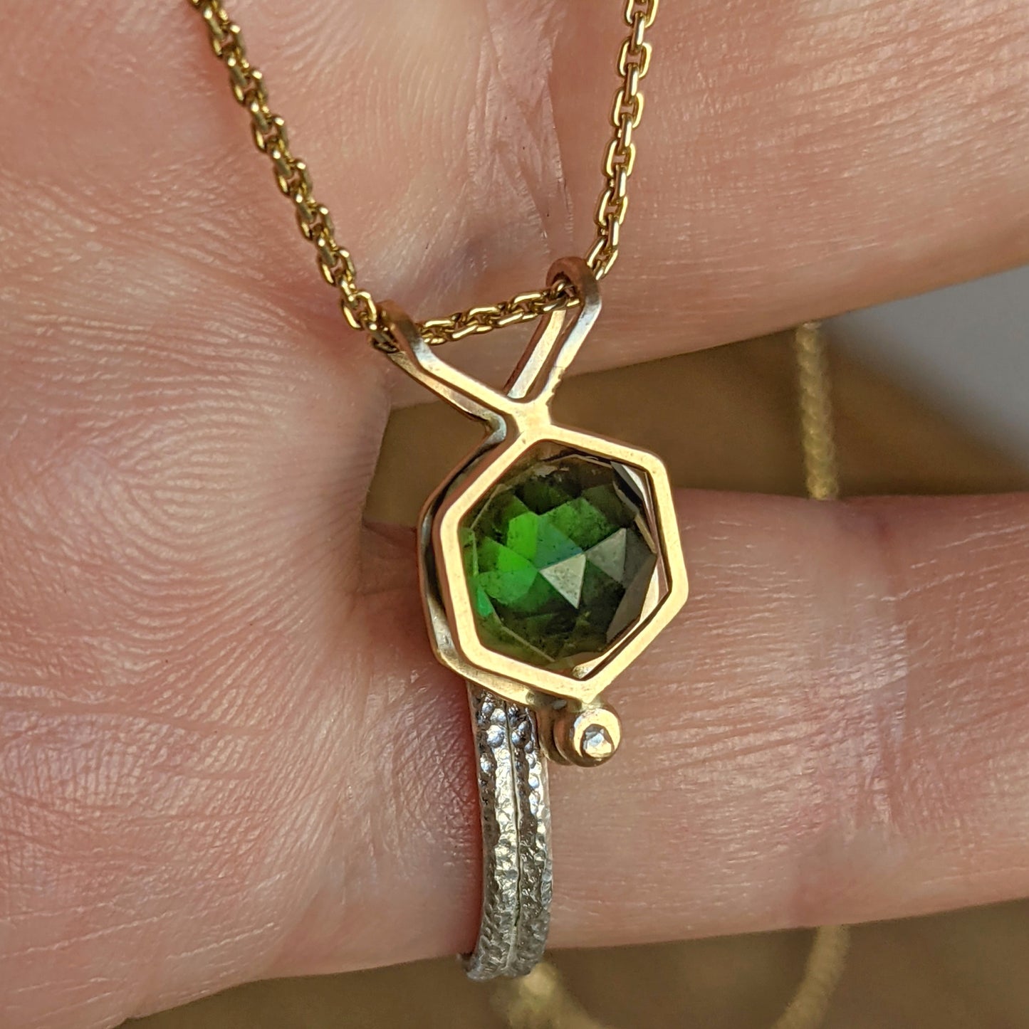 14K Hex Rivet Pendant with Green Tourmaline