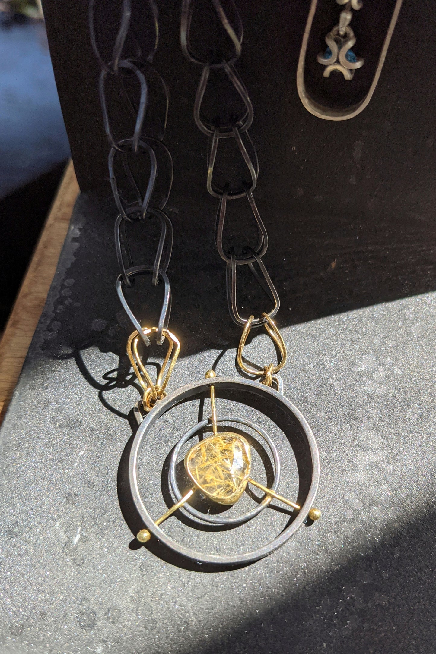 Gold Rutilated Quartz Celestial Halo on Handmade Etruscan Chain