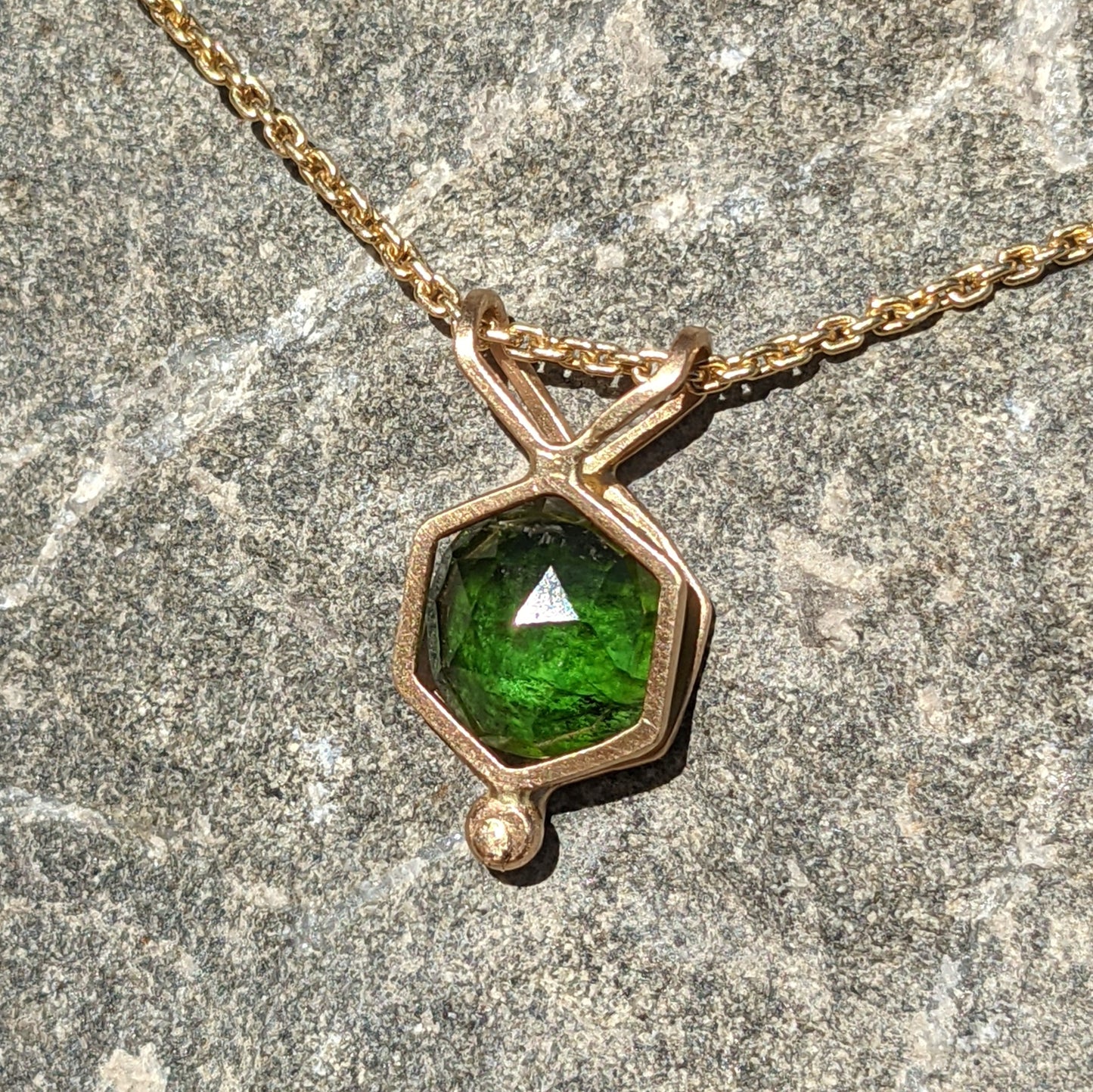 14K Hex Rivet Pendant with Green Tourmaline